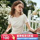 Olrain歐芮兒奶白色短袖T恤女夏季女裝時(shí)尚簡(jiǎn)約一字肩蕩領(lǐng)抽褶上衣 奶白色 M