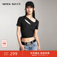 MISS SIXTY短袖T恤女性感鏤空設計不規則抽褶系帶正肩短款上衣 黑色 M