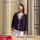 TOMMY HILFIGER【羊毛羊絨混紡】秋冬女裝休閑慵懶拼色寬松V領(lǐng)開(kāi)衫毛衣外套 藏青色DW5 S