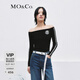 MO&Co.針織衫一體駁花學(xué)院徽章球衣風(fēng)露肩修身短款上衣女醬果紅 黑色 XS 155