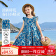 ASK JUNIOR兒童純棉裙子夏女大童飛袖連衣裙青少年碎花裙荷葉邊 藍色  160 