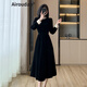 艾柔丹秋冬連衣裙女裝2025年新款赫本風(fēng)優(yōu)雅大方收腰顯瘦女士黑色長(cháng)裙子 黑色 2XL