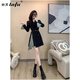 她芙（tafu）品牌女裝西裝連衣裙女2025春秋新款法式氣質(zhì)收腰顯瘦職業(yè)裝a字裙 黑色 M