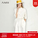 AMII女裝2025夏季新款通勤半開襟中袖配腰帶法式連衣裙襯衫裙 米白 L 165/88A