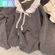 妃奧絨娃娃領(lǐng)毛衣女秋冬慵懶可愛(ài)甜美蕾絲V領(lǐng)針織開(kāi)衫外套日系溫柔上衣 灰色 M  建議95--105斤