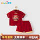 優(yōu)奇嬰兒夏季薄款短袖套裝紅色喜慶新中式滿(mǎn)月男童周歲禮服分體兩件套