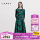 朗姿/LANCY秋新款真絲復古玫瑰印花收腰長(cháng)袖連衣裙重工裙子女 夜幕黑色 M