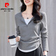 皮爾卡丹春秋新款假兩件百搭長(cháng)袖t恤女小眾大碼顯瘦v領(lǐng)拉鏈打底衫百搭上衣 淺灰 L （建議100-115斤）