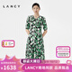 朗姿/LANCY夏季新款真絲V領(lǐng)印花連衣裙收腰顯瘦復古氣質(zhì)裙子 黑色 L