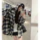 讓霧毛呢格子襯衫女加厚外套秋冬新款洋氣長(cháng)袖上衣休閑秋裝通勤風(fēng)襯衣 磨毛連帽格子襯衫 M 建議80-110斤
