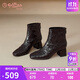 金利來(lái)（Goldlion）女靴手抓紋羊皮粗跟短靴2025秋冬新款方頭單靴女G656540176棕色37