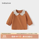 babylove女寶寶上衣長(cháng)袖T恤純棉春秋款嬰兒花邊領(lǐng)四季打底衫寬松外出百搭 焦糖色 90 cm