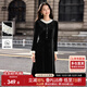 尚都比拉撞色花邊絲絨連衣裙女冬季優(yōu)雅圓領(lǐng)長(zhǎng)袖A字裙藏肉顯瘦氣質(zhì)中長(zhǎng)裙