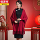 恒源祥披肩婚禮媽媽配旗袍帶袖外搭婚宴喜婆婆禮服羊絨純色秋冬季外披風(fēng) 酒紅色均碼