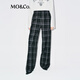 MO&Co.休閑褲黑灰格紋抽繩松緊長(cháng)直筒高腰松弛摩安珂 灰黑格 S /160