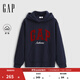 GAP女裝2025秋季新款撞色Logo寬松抓絨套頭連帽衫衛衣上衣792499 海軍藍 M (165/88A) 亞洲尺碼