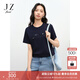 玖姿（JUZUI）簡(jiǎn)約刺繡字母圓領(lǐng)T恤女2025夏季新款JTFX83201 丈青 XL