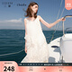 三彩2025夏季新款V領(lǐng)無(wú)袖吊帶裙蕾絲花邊連衣裙寬松女 米白色 M 160/84A