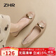 ZHR淺口單鞋女春秋粗跟通勤女鞋優(yōu)雅方扣真牛皮船鞋女 AH378 杏色 37
