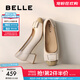 百麗（Belle）舒適優(yōu)雅單鞋女2025春新真皮蝴蝶結方跟鞋D3S1DAQ5 米白 38 (240mm)