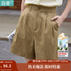 茵曼（INMAN）闊腿五分褲女士夏季新款松緊顯瘦高腰直筒休閑新疆棉短褲 深卡其 S