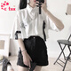 CTOX單/套裝Polo領(lǐng)寬松短袖印花襯衫+闊腿工裝短褲BF風(fēng)夏季套裝女學(xué)生 白色短袖+黑色短褲【套裝】  M 建議95-105斤