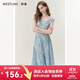 西遇藍(lán)色網(wǎng)紗連衣裙女夏季新款碎花法式v領(lǐng)荷葉邊吊帶裙 藍(lán)色 M (160)