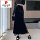 皮爾卡丹（pierre cardin）金絲絨半身裙秋冬2025新款高腰a字裙蕾絲花邊長(cháng)裙氣質(zhì)顯瘦包臀裙 黑色 【彈力腰有內襯】 M 建議90-105斤