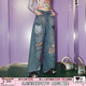 UNIFREE【明星同款】美式牛仔褲女狗狗涂鴉復古直筒拖地闊腿長(cháng)褲 S 