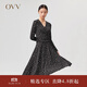 OVV春夏熱賣(mài)女裝彈力針織面料印花V領(lǐng)優(yōu)雅收腰長(cháng)袖連衣裙 黑色花紋01 S