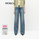 MO&Co.牛仔褲春洗磨棉質(zhì)手磨貓須精裁高腰闊腿褲M(mǎn)BE1JEN010 牛仔藍色 S
