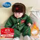 迪士尼（Disney）軍大衣兒童套裝加絨軍綠色嬰兒棉衣加厚寶寶棉服東北小孩冬季衣服 軍大衣_連體款送帽子包包 73 cm 建議15-18斤