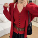 語(yǔ)森憶輕薄針織衫冬季女款開(kāi)衫毛衣洋氣V領(lǐng)針織開(kāi)衫掛脖吊帶背心兩件套 紅色 L  建議110-120斤