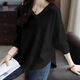 奈思海純棉V領(lǐng)長(cháng)袖T恤女春秋季女裝新款韓版寬松弧形下擺顯瘦上衣打底衫 黑色 XL 建議110-120斤