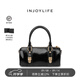 INJOYLIFE鎖扣法棍包女新款復古手提小圓筒包通勤單肩斜挎包 黑色