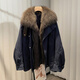粟茝300斤特大碼皮草派克服女2025年冬季新款大毛領(lǐng)狐貍毛外套短款羽 寶藍色 M