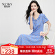 熙世界（sllsky）法式度假碎花連衣裙2025夏天新款泡泡袖花邊V領(lǐng)雪紡裙子 藍底黃花 S