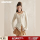 UNIFREE美式辣妹精美刺繡不規則毛邊修身針織開(kāi)衫 杏色 均碼