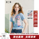 兩三事淺喃清夢(mèng) 2025夏季新款淑女風(fēng)網(wǎng)布印花荷葉邊下擺短款t恤女 藍底花 M