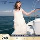 三彩2025夏季新款V領無袖吊帶裙蕾絲花邊連衣裙寬松女 米白色 M 160/84A