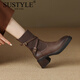 SUSTYLE奢侈高端品牌高檔馬丁靴女2025秋冬女士真皮方頭針織襪靴女短靴女 棕色單里 35