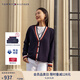 TOMMY HILFIGER【羊毛羊絨混紡】秋冬女裝休閑慵懶拼色寬松V領(lǐng)開(kāi)衫毛衣外套 藏青色DW5 S