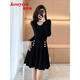 蔻伊婭（Kouyiya）品牌女裝新品赫本風(fēng)黑色小禮服連衣裙女秋冬季氣質(zhì)名媛高級感收腰 黑色 S