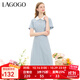 LAGOGO淺藍(lán)色時(shí)尚百搭工裝連衣裙女士拉谷谷夏季新款收腰短袖裙子 淺藍(lán)色(N8) S
