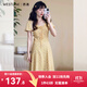 西遇碎花泡泡袖連衣裙女夏季新款收腰法式方領(lǐng)短袖長(zhǎng)裙 黃色 M (160)