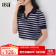 歐莎（OSA）條紋polo領針織衫短袖女高端夏季冰絲薄款休閑百搭顯瘦上衣 藏藍色 L