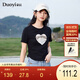 朵以（Duoyi）2025夏季新款美式復(fù)古印花T恤修身百搭抽褶收腰小個(gè)子短款上衣女 黑色 S