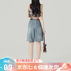 蘿美醬復古牛仔褲五分褲女短褲夏季2025新款高腰直筒顯瘦淺色闊腿褲中褲 懷舊藍牛仔五分褲 L