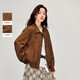 茵曼（INMAN）茵曼可露麗鏤空刺繡麂皮外套2026春女裝新款復古拉鏈上衣 焦糖棕 S