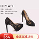 Lily Wei黑色蕾絲防水臺高跟鞋特大碼細跟法式性感單鞋情人節禮物 黑色【跟高12cm】 防水臺款 36